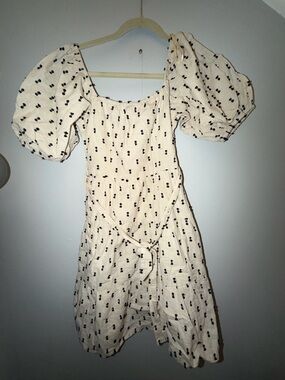 Cream Mini Dress with Puff Sleeves and Black Dot Print